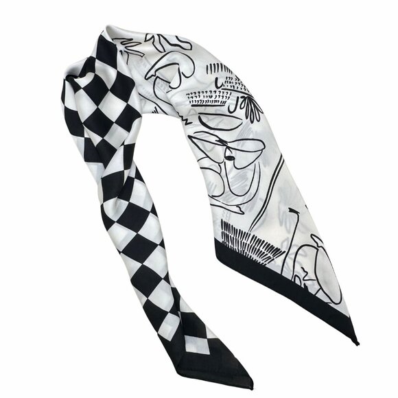 ⭐Luxury Silky Square Scarf Bandana Abstract Checkered BLACK WHITE Modern Art New - Picture 5 of 8